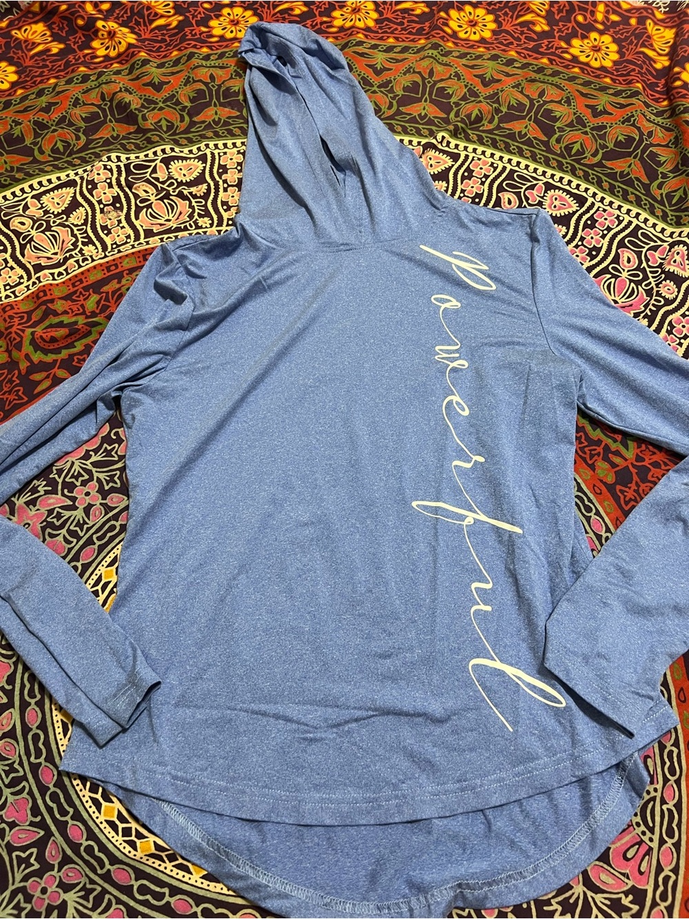 Lightweight Blue Hooded Long Sleeve Top with Script Detail size S athletic top